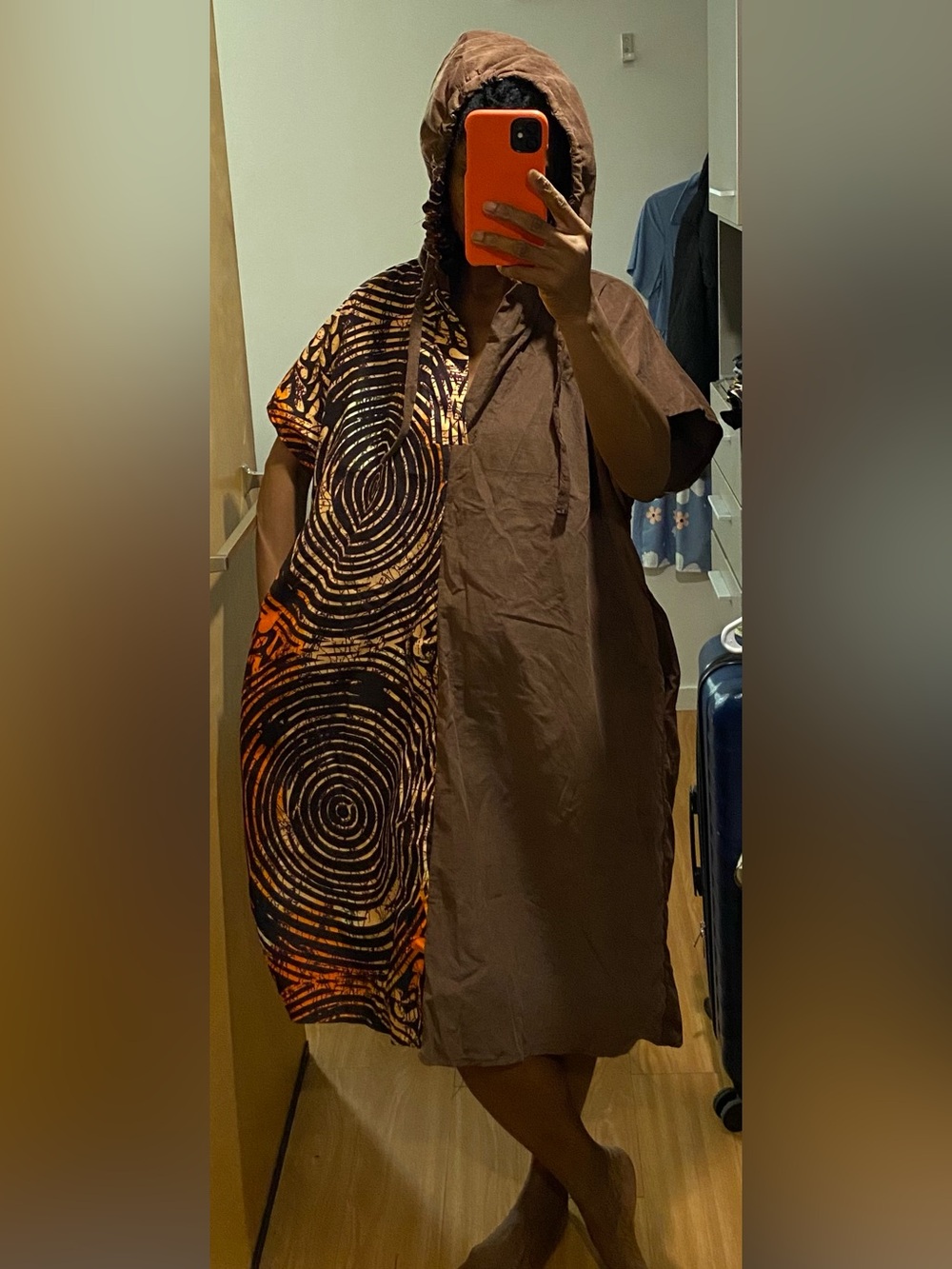 Unique  Handmade Brown African Print & Solid Corduroy Hooded MIDI dress